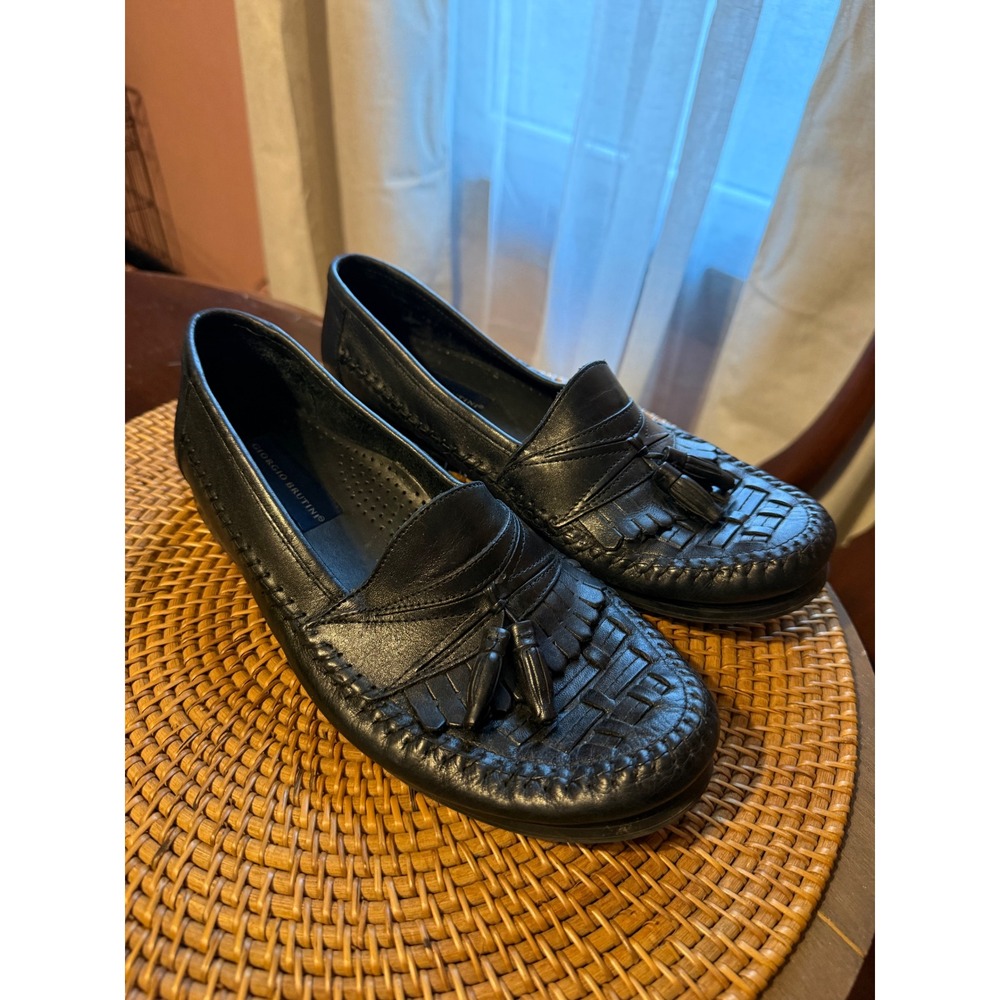Giorgio Brutini Mens Black Leather Woven Tassel Kiltie Loafers 9303 Size 9 M
